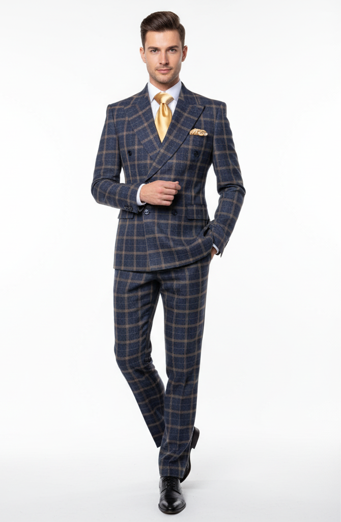 Dark blue double-breasted suit with a structured fit, sharp lapels, and plaid pattern in gold/khaki. Slim-fit trousers echo the design. Textured fabric and a matching pocket square complete the tailored look.
