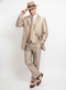 Alberto Nardoni men's vintage 1920s-style three-piece suit. Light beige with pinstripes. Includes a blazer (notch lapel, 3-button), waistcoat (V-neck, 5-button), and straight-leg trousers.