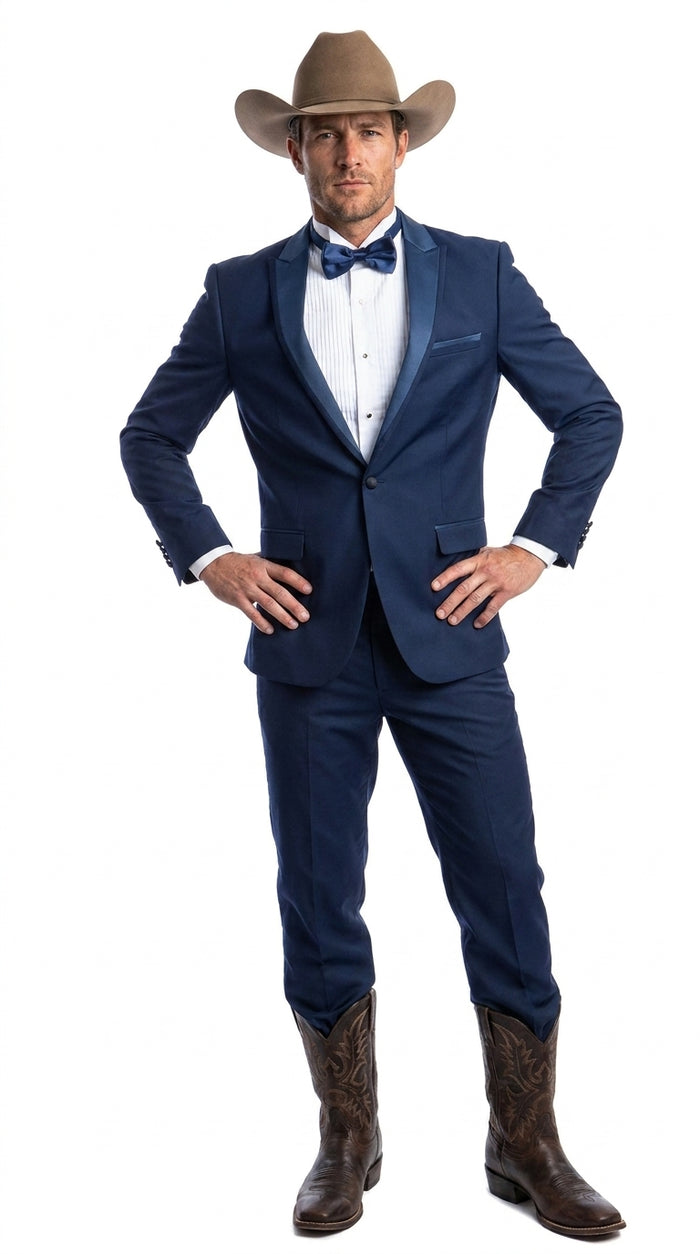 Men’s Saphire Indigo Blue Western Tuxedo Suit, Formal Wedding Prom Cowboy Tuxedo with Blue