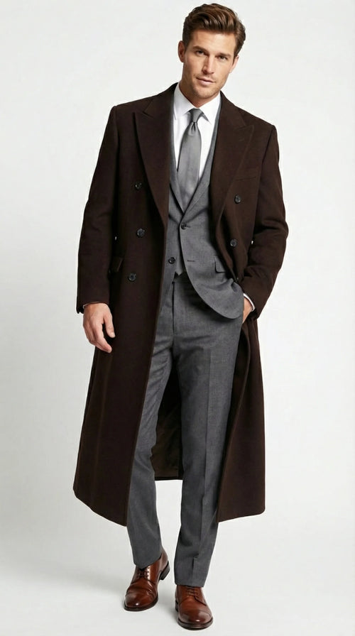 Men’s Brown Long Overcoat – Double Breasted Classic Formal Winter Coat for Business, Topcoat and Cold Weather Wear