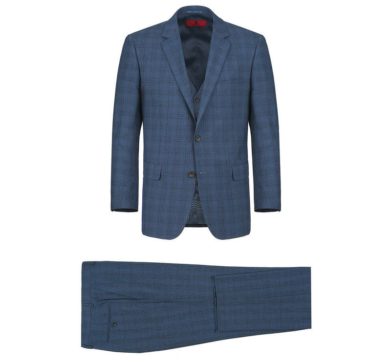 278-2 Men's 3-Piece Classic Fit Single Breasted Windowpane Suit
