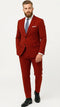 Men's red pinstripe suit. Two-button jacket with vest, vibrant red fabric, white stripes. Includes matching trousers. Classic style.
