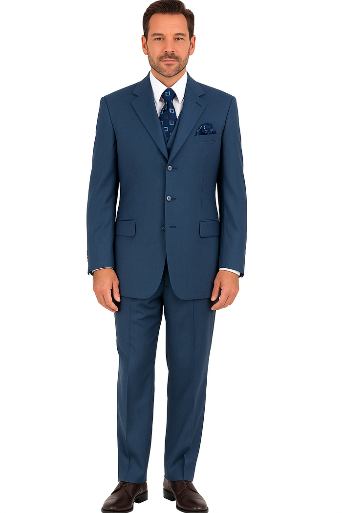 Alberto Nardoni men's sapphire steel blue 3-button suit. Tailored blazer with notched lapel, two side pockets. Matching trousers. Smooth, uniformly rich blue fabric. Minimalist design.