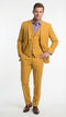Mustard yellow three-piece men's suit: two-button blazer with notch lapel, waistcoat, and trousers. Modern fit, textured material, tailored design, subtle stitching, and sleek finish.
