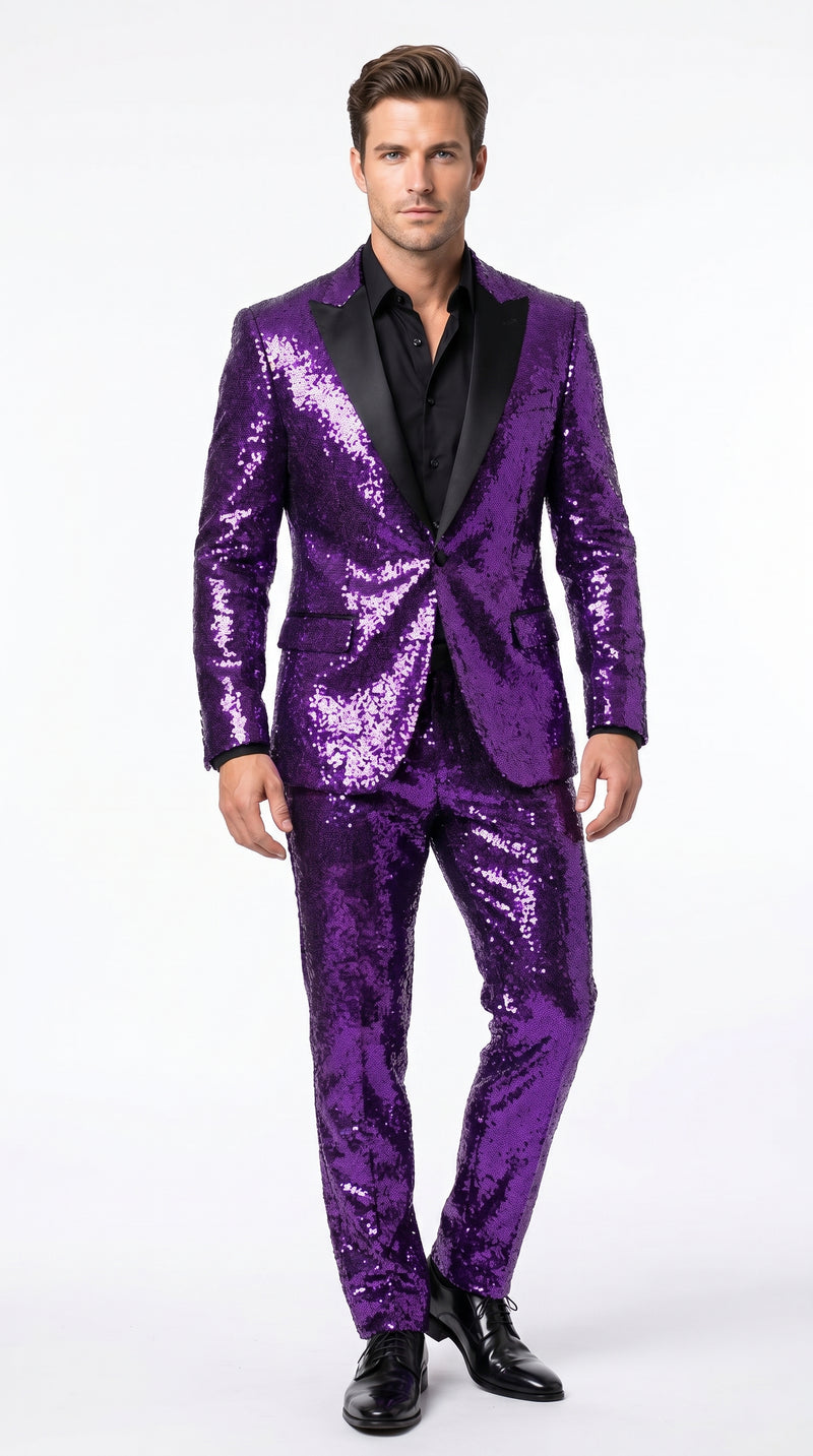 Men’s Purple Glitter Tuxedo Suit with Black Lapel, Party Stage Performance Formal Suit