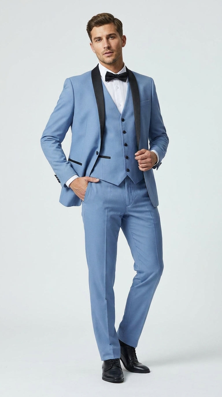 Men’s Powder Blue 3 Piece Tuxedo Suit – Light Blue Shawl Lapel Wedding Prom Suit with Vest
