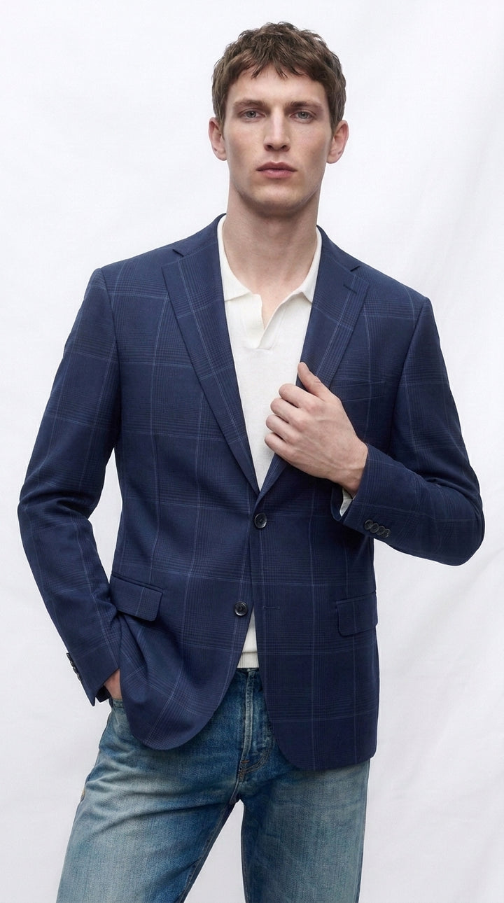 Men’s Navy Blue Plaid Wool Blazer – English Style Textured Wool Winter Sport Coat Windowpane pattern