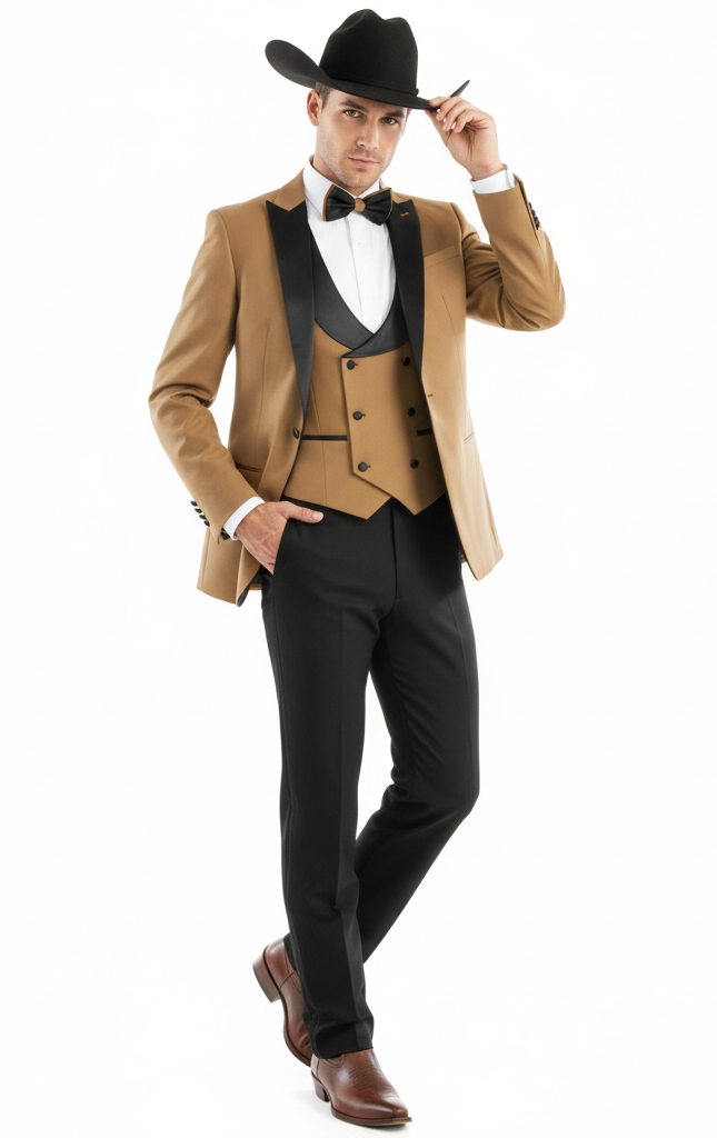 Tan 3-piece cowboy tuxedo. Features a black satin lapel, mocca vest, and black trousers. Includes bow tie and brown dress shoes for a Western-inspired formal look.