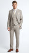 Men's light tan three-piece suit. Features pinstripes, tailored fit, single-breasted jacket, five-button vest with pockets, and straight-leg pants. Classic and cohesive design.
