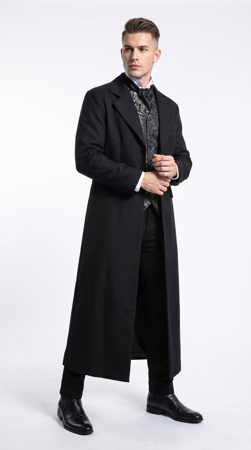 Men’s Matrix Neo Inspired Black Wool Duster Coat – Long Gothic Victorian Full Length Overcoat