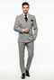 Alberto Nardoni men's double-breasted suit. Grey and black pinstripe. Features a tailored blazer with wide lapel and matching fitted trousers. Structured, formal look.
