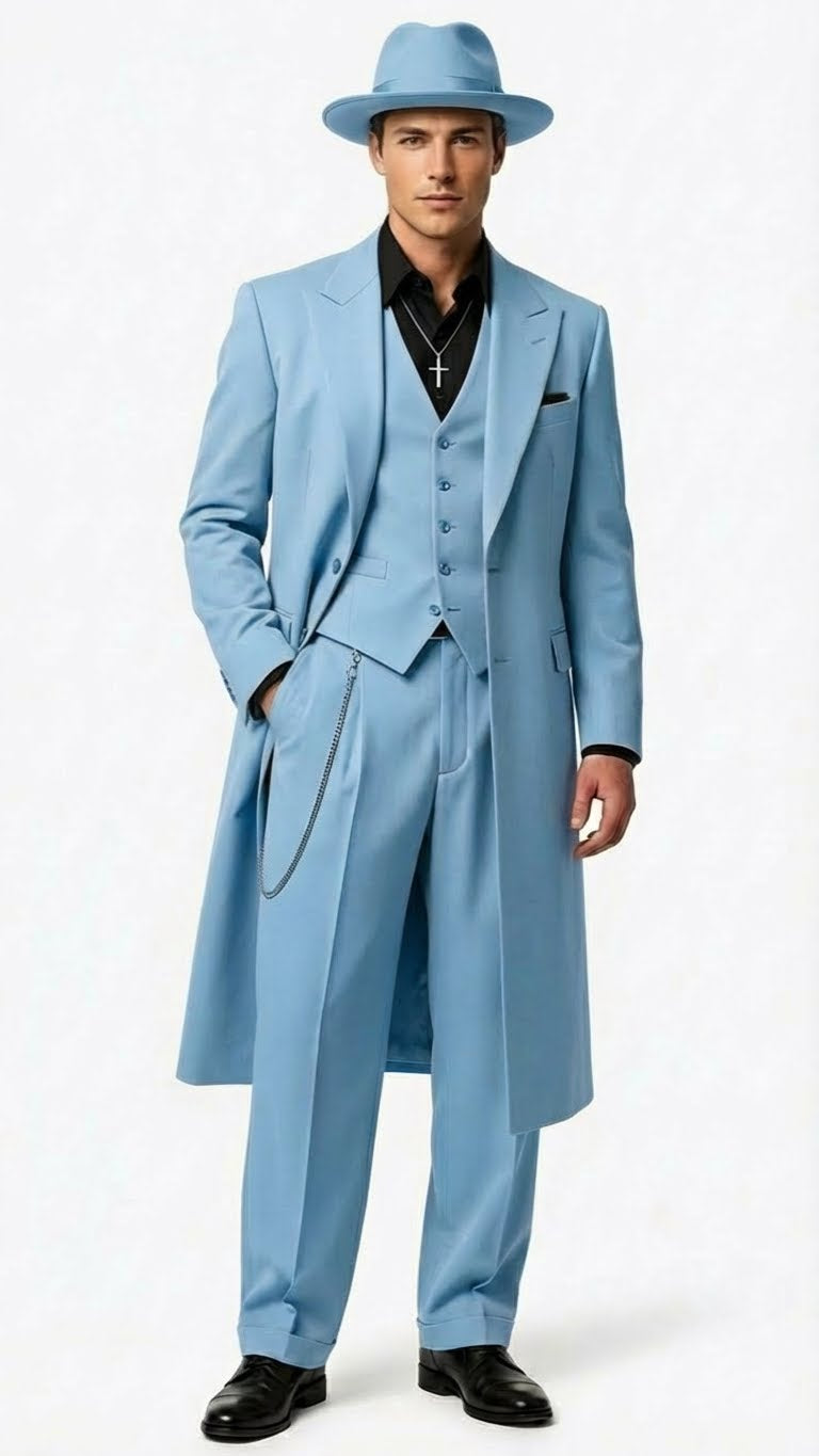 Men's light blue zoot suit: long coat, wide lapels, matching vest, tapered trousers. Smooth, lightweight fabric. Includes hat and chain. Uniform color, no patterns.

