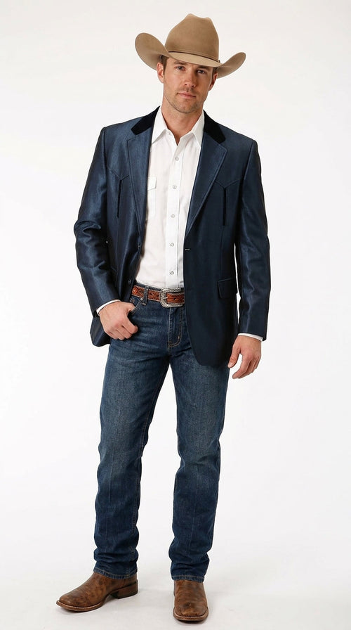 Men's Sapphire Indigo Western Cowboy Blazer – Classic Western Style Jacket,  Country Casual Dress Blazer in Navy Blue with sheen