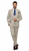 Men's beige three-piece suit: light fabric, blue pinstripes. Includes tailored jacket, vest, and trousers. Well-fitted, elegant design for a sophisticated look.
