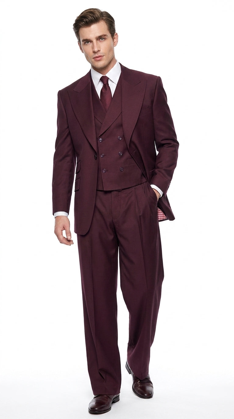 Tiglio Rosso Men’s Burgundy Wool Suit – Classic Fit Big Lapel Suit with Wide Leg Pleated Pants & Side Vents