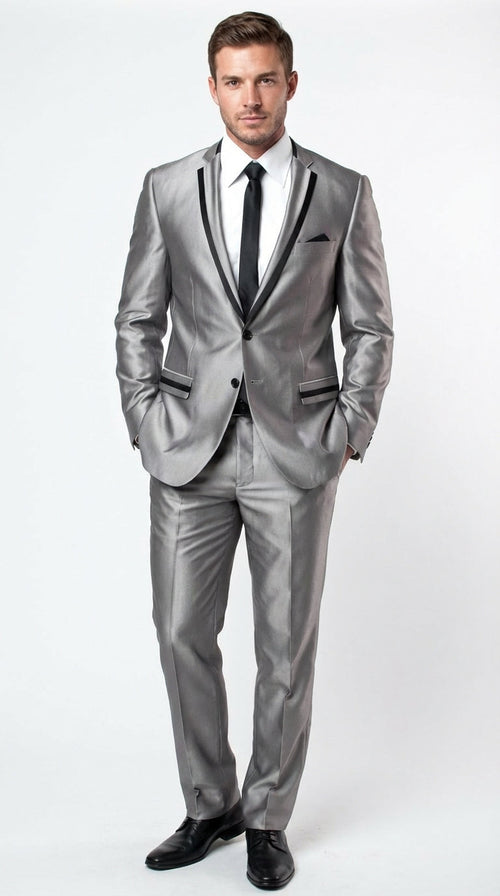 Men's Silver Sharkskin Tuxedo Suit with Black Piping – Shiny Two Button Formal  Suit for Wedding, Prom and Party Wear
