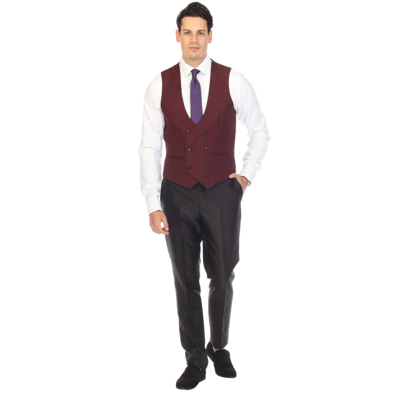 Men's double-breasted vest in burgundy by Alberto Nardoni. It features a fitted silhouette with a low V-neckline and two rows of buttons down the front. The vest is made of a smooth fabric, displaying a solid burgundy color with no visible patterns.