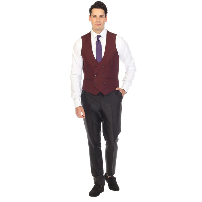 Men's double-breasted vest in burgundy by Alberto Nardoni. It features a fitted silhouette with a low V-neckline and two rows of buttons down the front. The vest is made of a smooth fabric, displaying a solid burgundy color with no visible patterns.