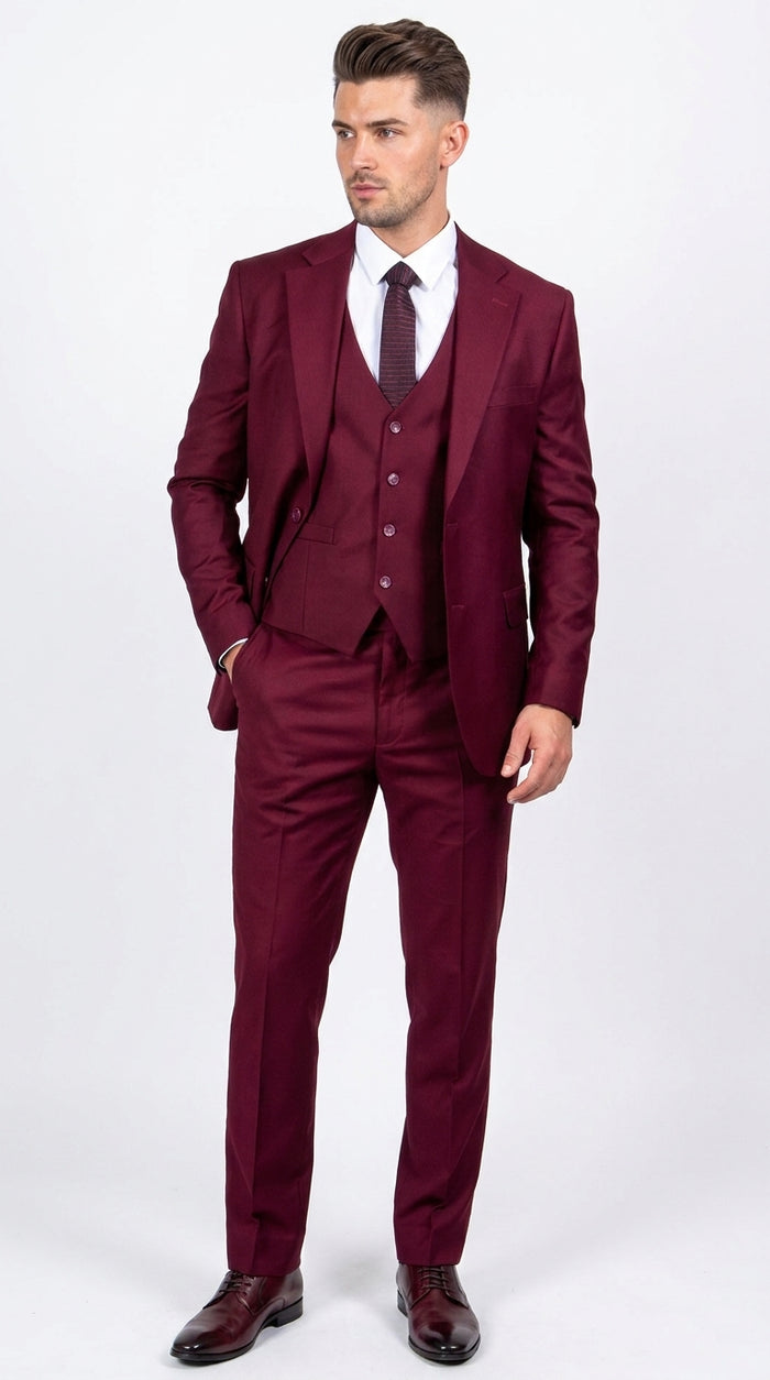 Men’s Stacy Adams Brand Burgundy 3 Piece Suit – Two Button Vested Style church wedding Modern Fit Suit