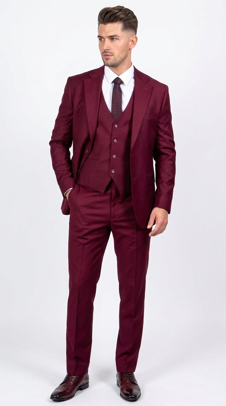 Men’s Stacy Adams Brand Burgundy 3 Piece Suit – Two Button Vested Style church wedding Modern Fit Suit