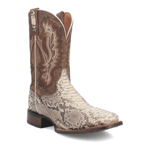 Dan Post Men's Brutus Python boots. Natural python snakeskin upper with brown leather overlay. Square toe, angular silhouette. Intricate stitching. Stacked heel for a classic western look.
