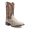 Dan Post Men's Brutus Python boots. Natural python snakeskin upper with brown leather overlay. Square toe, angular silhouette. Intricate stitching. Stacked heel for a classic western look.
