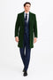Men's dark green wool overcoat. Classic long design, structured silhouette. Straight cut, notch lapel. Textured wool fabric. Two front pockets, single button closure. Upper thigh length. Formal style.
