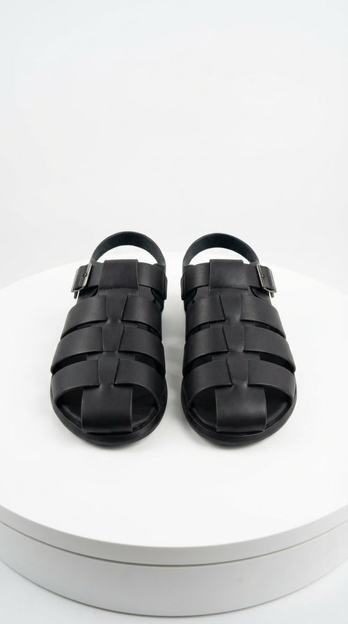 Mens Black Leather Sandals – Buckle Strap Casual Summer Shoes Breathable Open Toe Comfort Footwear