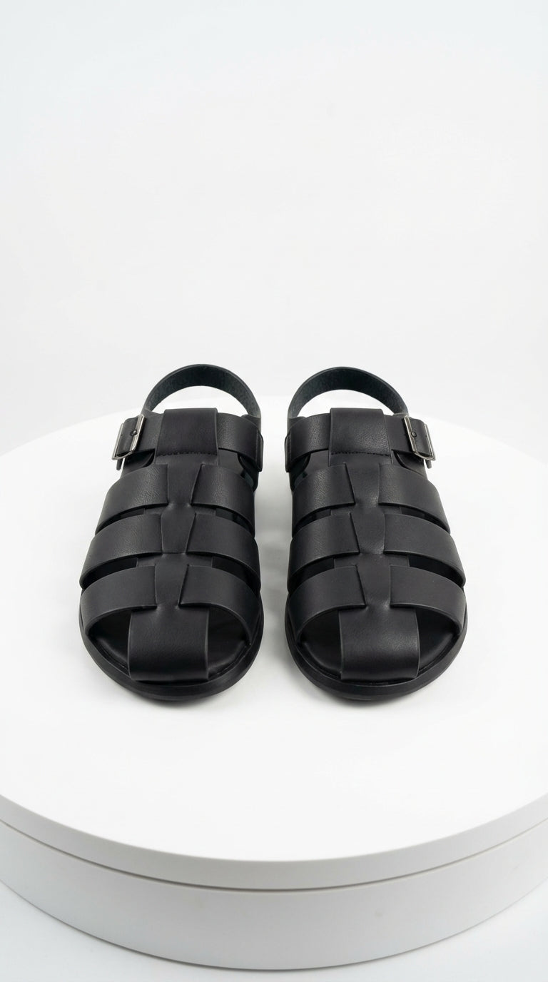 Mens Black Leather Sandals – Buckle Strap Casual Summer Shoes Breathable Open Toe Comfort Footwear
