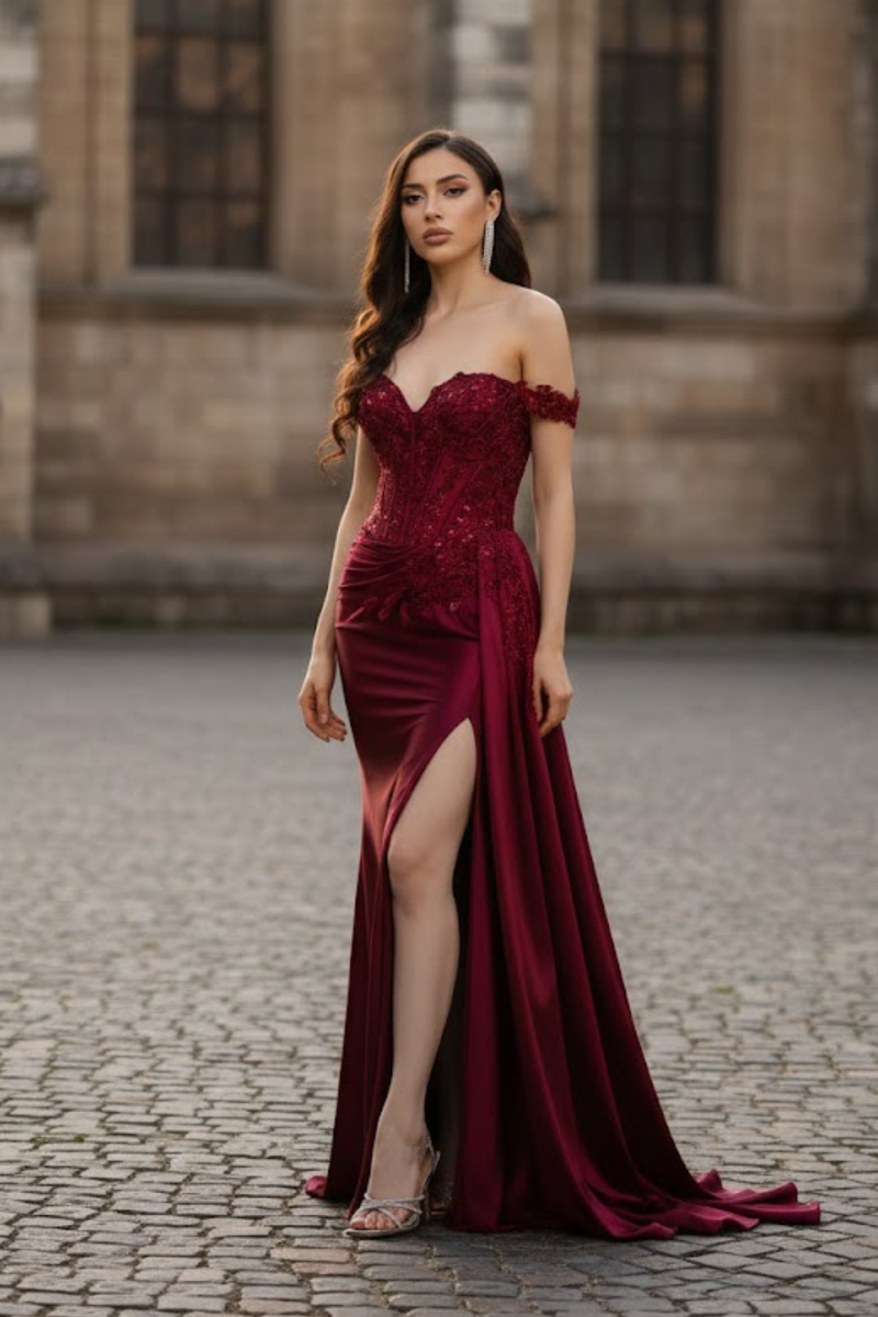 Off-Shoulder Sequin Applique Satin Evening Gown Formal Prom Dress By May Queen MQ2179