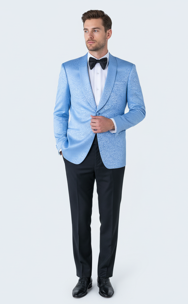 Alberto Nardoni men's light blue paisley tuxedo jacket. Fitted, single-button closure, structured shoulders, shiny finish. Features intricate lighter blue paisley pattern, shawl collar, tailored for white dress shirts.

