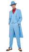 Light blue 1920s zoot suit: long jacket, wide trousers, three-button vest. Smooth fabric, matching fedora. Red shirt & brown-and-white shoes provide contrast.