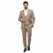 Beige pinstripe three-piece suit. Tailored fit with single-breasted jacket, vest, and trousers. Subtle sheen, vertical stripes, and a straight-cut silhouette. Lightweight, soft yet durable material.
