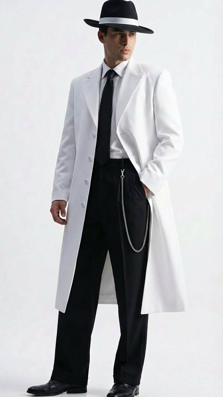 Mens White Long Zoot Style Suit  | Vintage Gangster Mafia Formal Coat with Black Pants