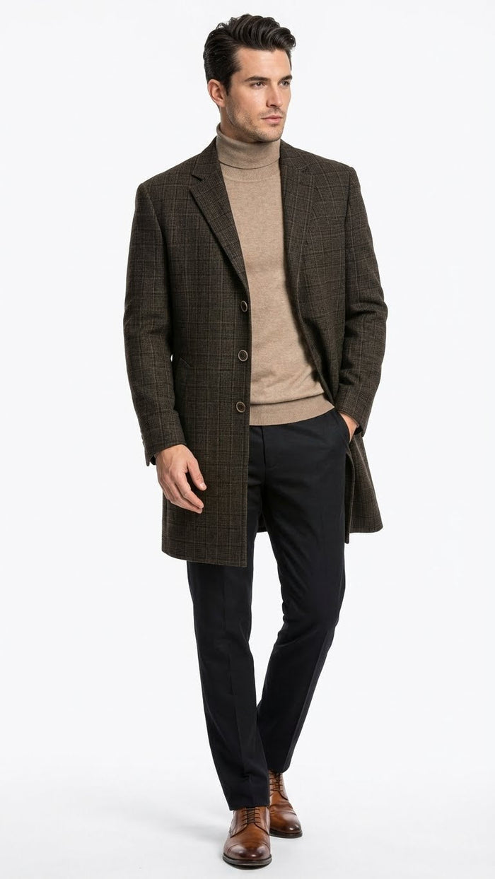 Alberto Nardoni men's brown checkered wool overcoat. Structured, single-breasted design with a deep brown check pattern. Mid-thigh length, classic collar, and long sleeves. Textured wool fabric.
