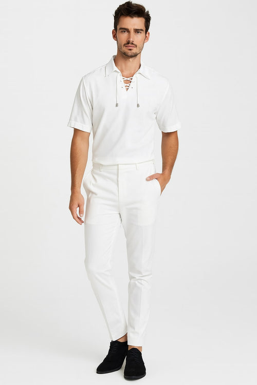 Men's white linen renaissance shirt with collar and lace-up front (metal tips). Short sleeves, slightly rolled.
