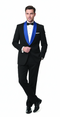 Men's black tuxedo with royal blue shawl lapel and matching pants. Features fitted silhouette, structured shoulders. Includes white dress shirt and black bow tie for a classic look.
