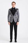 Silver Metallic Tuxedo Suit with Black Satin Peak Lapel – Mens Slim Fit Formal Wedding and Prom Attire in Charcoal Grey With Pants