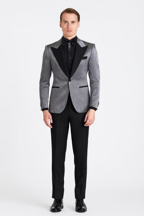 Silver Metallic Tuxedo Suit with Black Satin Peak Lapel – Mens Slim Fit Formal Wedding and Prom Attire in Charcoal Grey With Pants