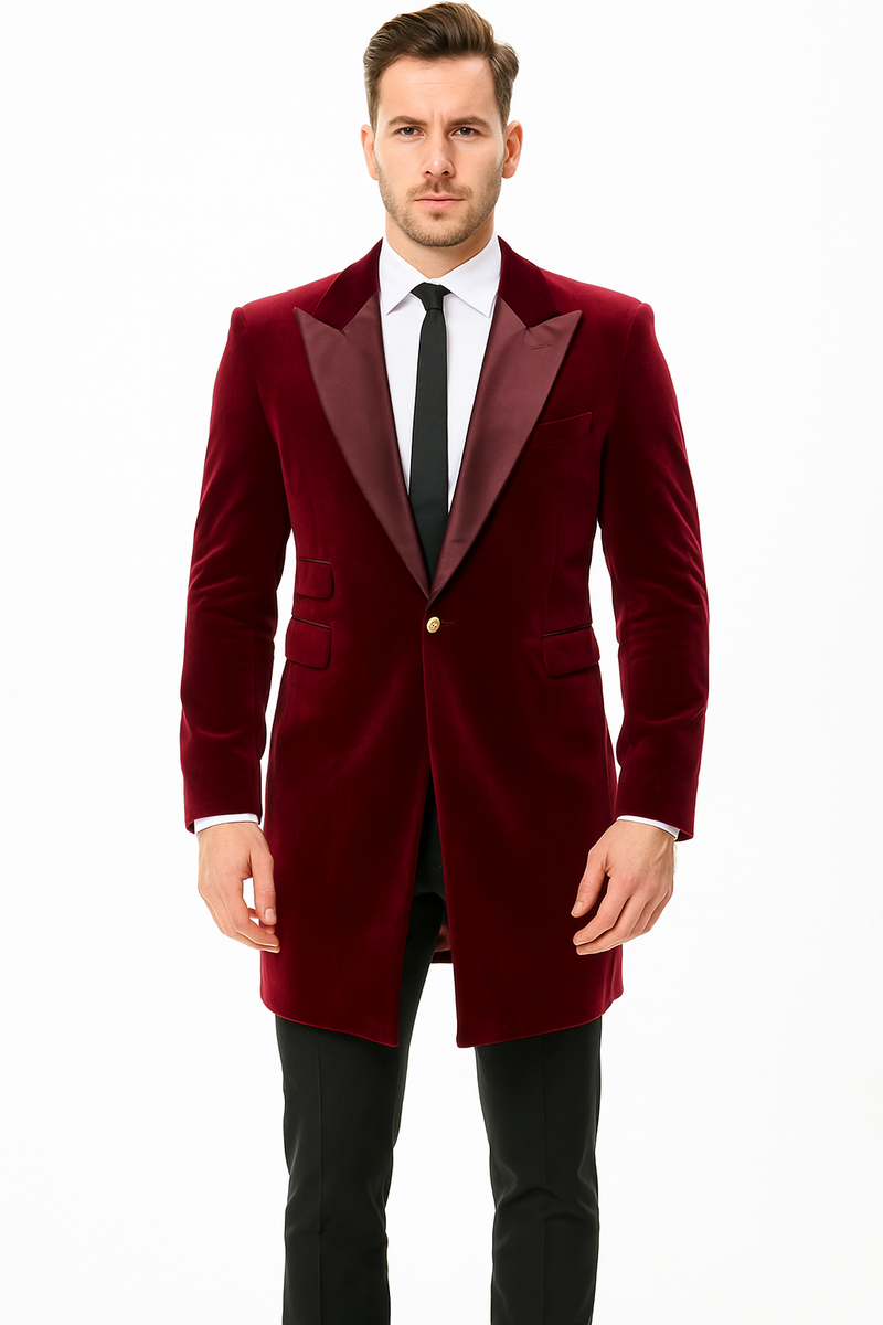 Burgundy men's tuxedo with velvet long blazer. Features single-button closure, shawl lapels, and dual side pockets. Smooth finish.
