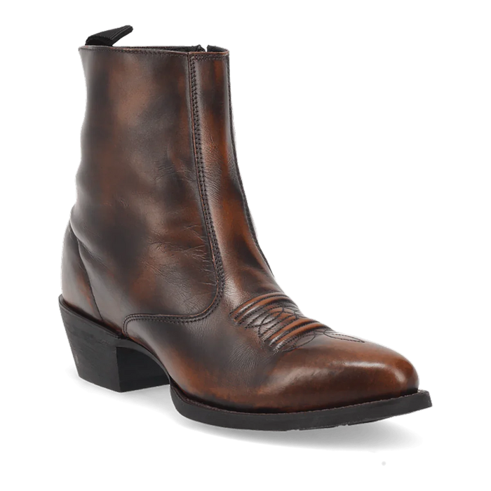 Laredo men's Fletcher boots: Brown, smooth leather. Round toe, zippered side. Tall shaft with subtle stitching. Flat sole with small heel.

