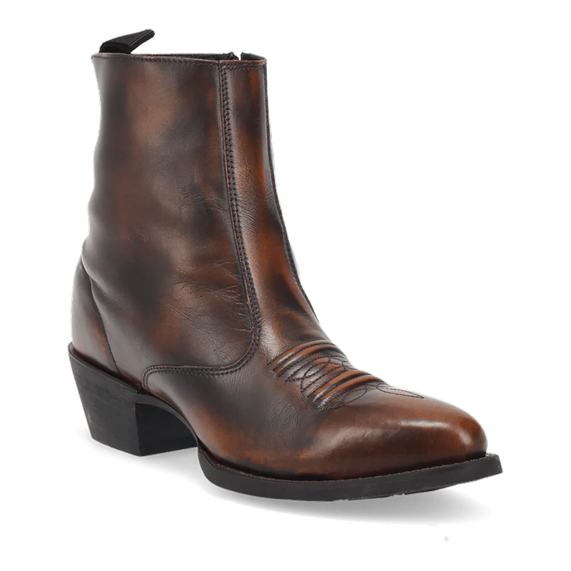 Laredo men's Fletcher boots: Brown, smooth leather. Round toe, zippered side. Tall shaft with subtle stitching. Flat sole with small heel.
