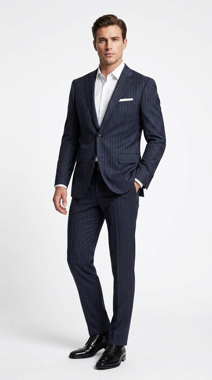 Men’s Patrick Bateman Inspired Navy Pinstripe Suit – American Psycho 1980s Business Style 2 Piece Suit