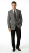 Charcoal grey men's blazer. Structured fit with padded shoulders, notched lapel, and subtle textured pattern. Features two front pockets and single-button closure. Sleeves to the wrists.

