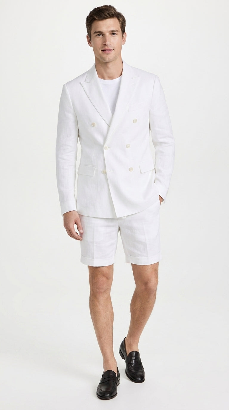 Men’s White Summer Suit with Shorts, 2 Piece Linen Style Wedding Beach Short Suit Set double breasted style