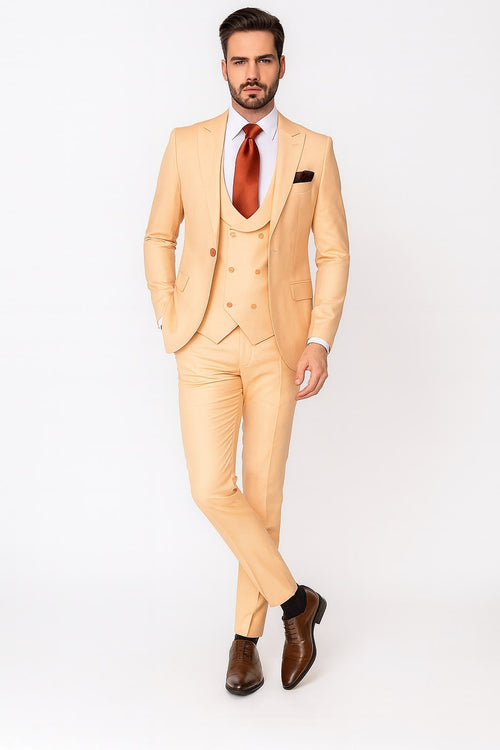 Men's peach 3-piece suit: double-breasted vest, notch lapel blazer, slim fit pants. Smooth, tailored fabric in a light peach color for a polished look.
