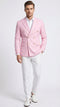 Men’s light pink double-breasted blazer features a tailored fit with notched lapels, gold buttons, and front flap pockets. The fabric appears smooth and tailored.