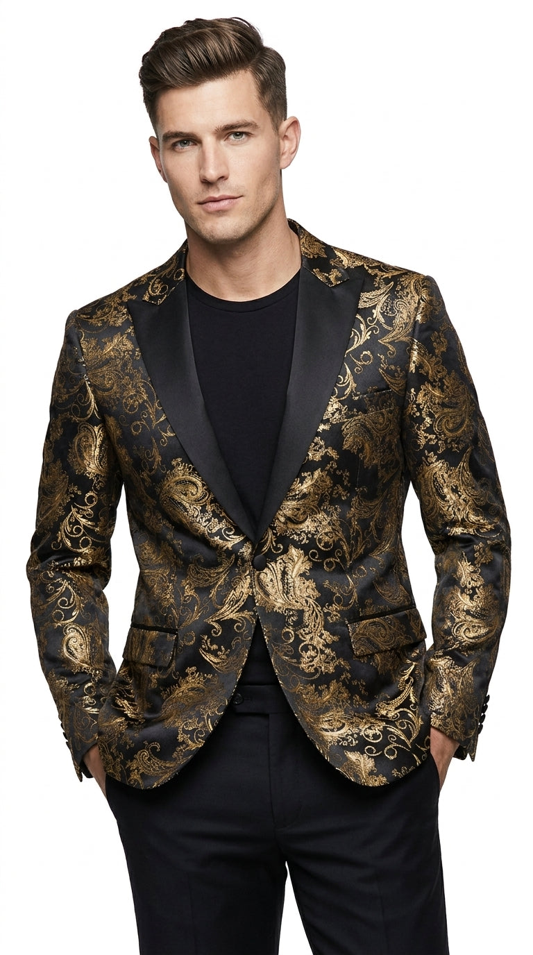 Men’s Black & Gold Paisley Tuxedo Jacket – Luxury Floral Formal Dinner Blazer Black Pants