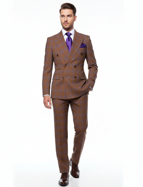 Men’s Brown Plaid Double-Breasted Suit – Premium 2-Piece Classic Checkered Windowpane Suit by Rossiman