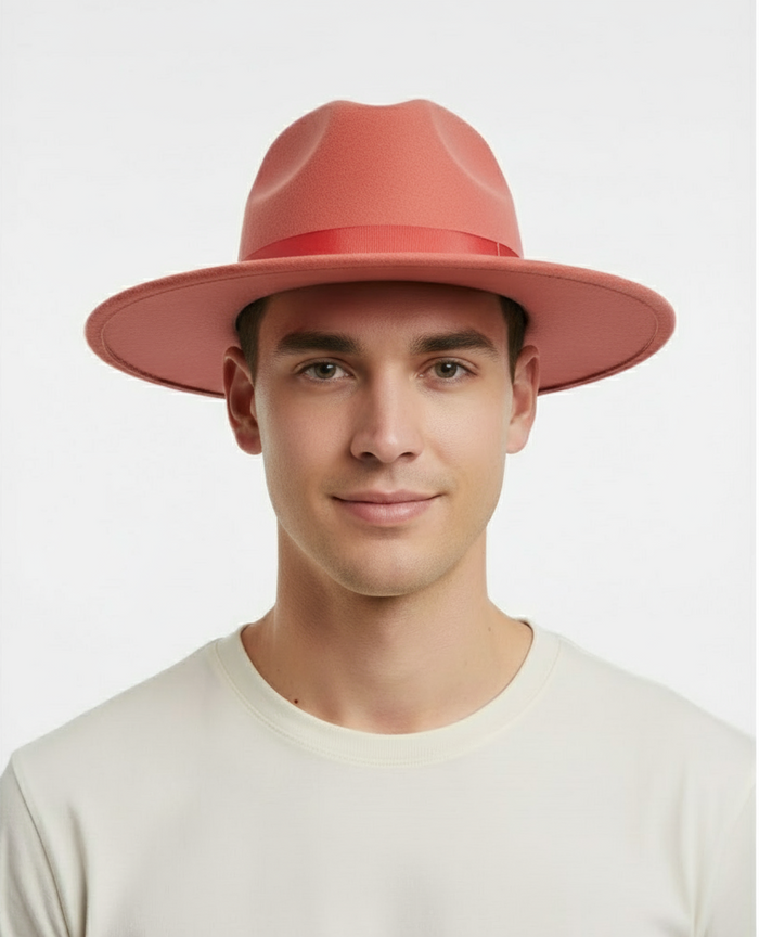 Men's coral pink fedora hat with a wide brim and flat crown. Crafted from wool felt, it features a red ribbon band. Perfect for a stylish statement.
